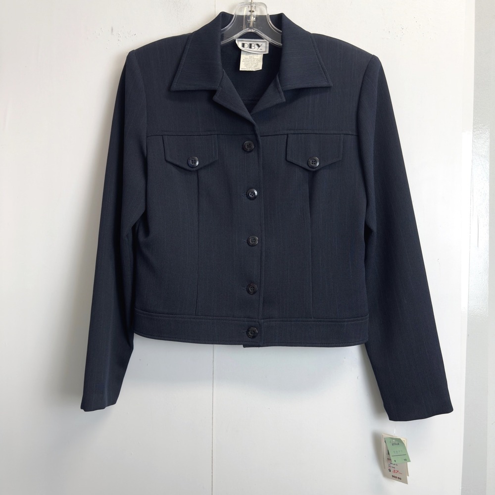NWT Vintage DBY Ltd Ribbed‎ Cropped Button Front Jacket Womens Sz 9/M Navy Blue